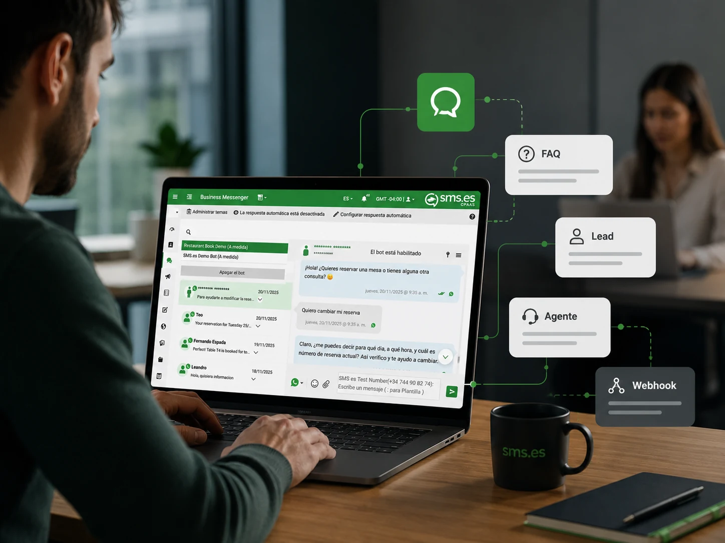 Representación visual de chatbot IA conectado a webhooks y equipo humano