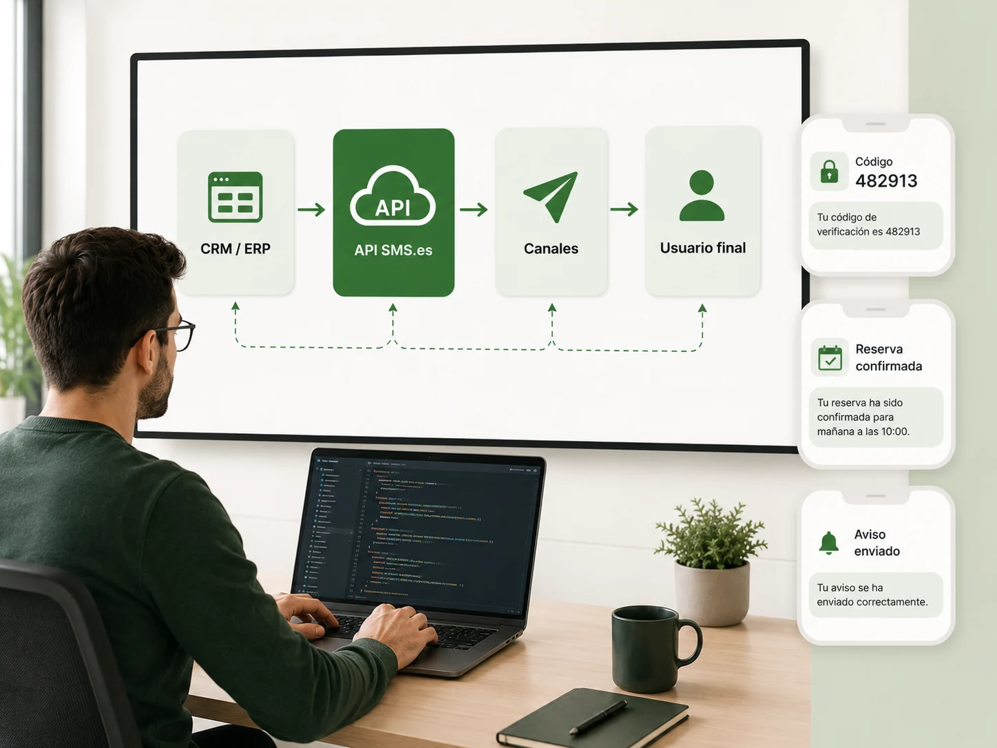 Desarrolladores integrando servicios CPaaS y API SMS en sistemas empresariales