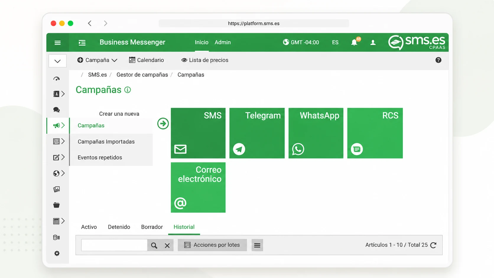 Captura real del Campaign Manager de SMS.es para campañas omnicanal