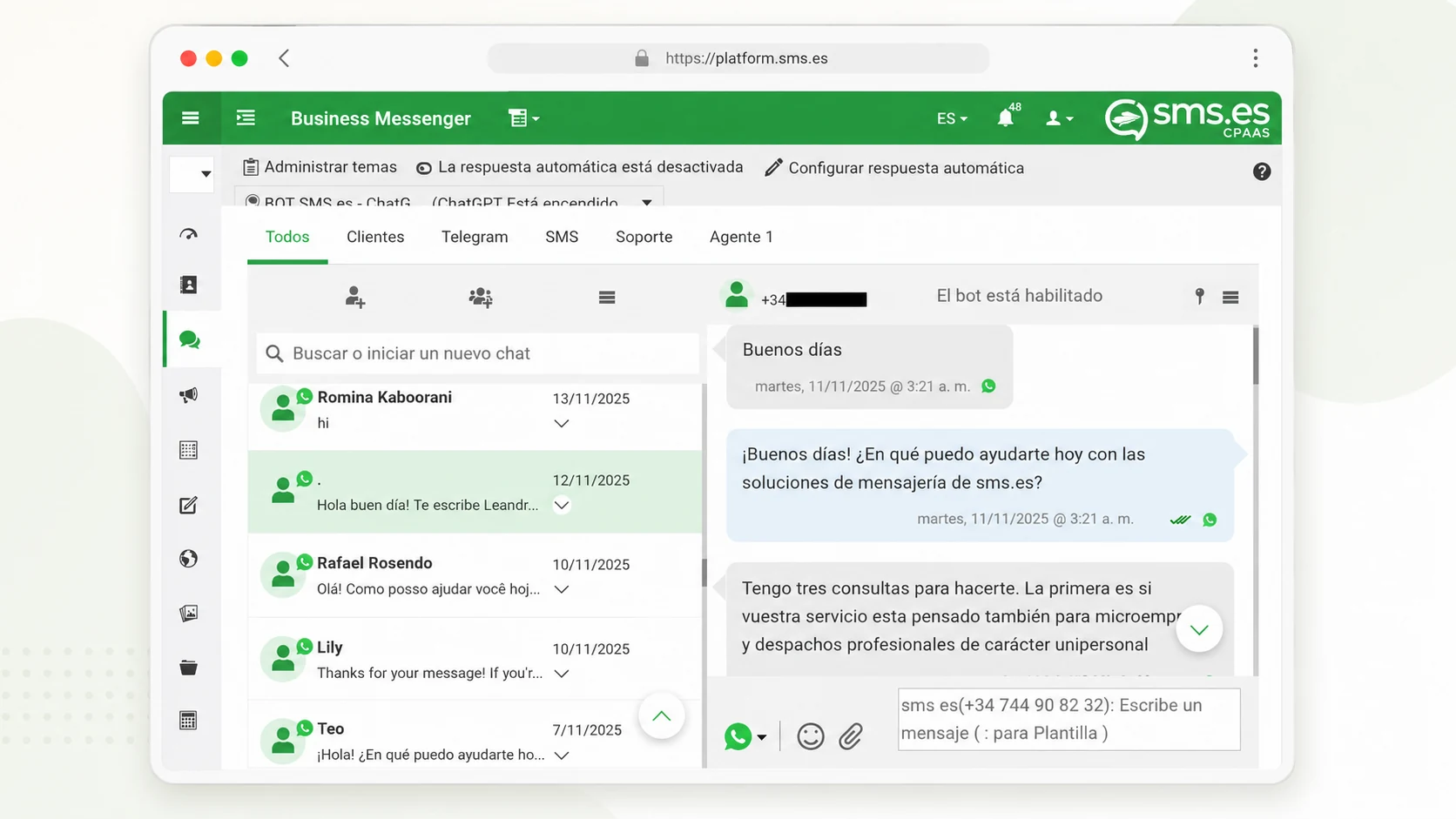 Captura real de conversaciones y atención desde la plataforma SMS.es