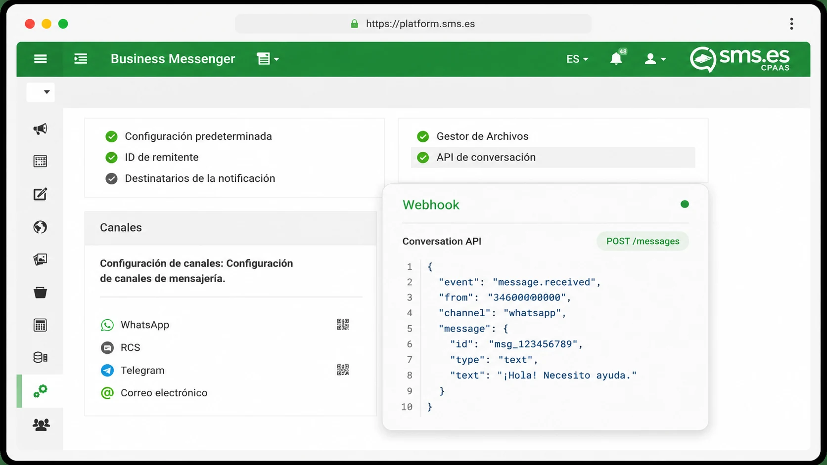 Captura real de módulos técnicos e integraciones de SMS.es