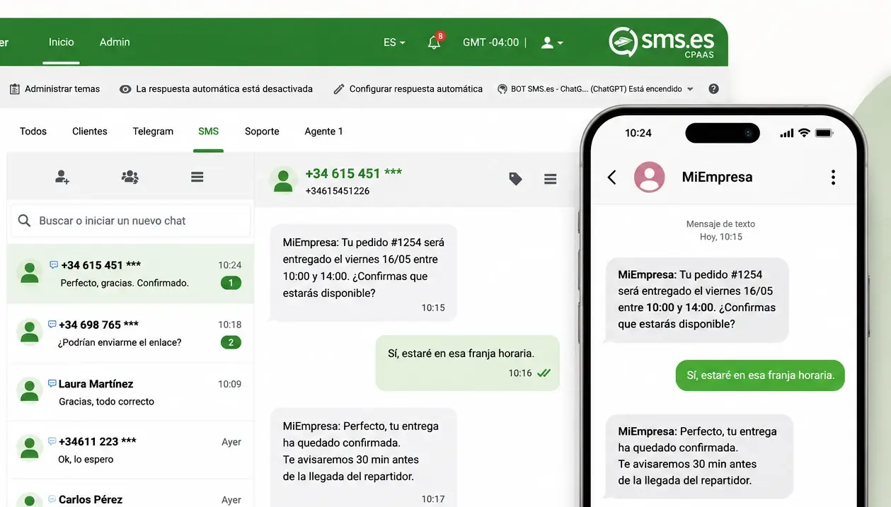 SMS bidireccional para empresas que necesitan enviar y recibir respuestas de clientes