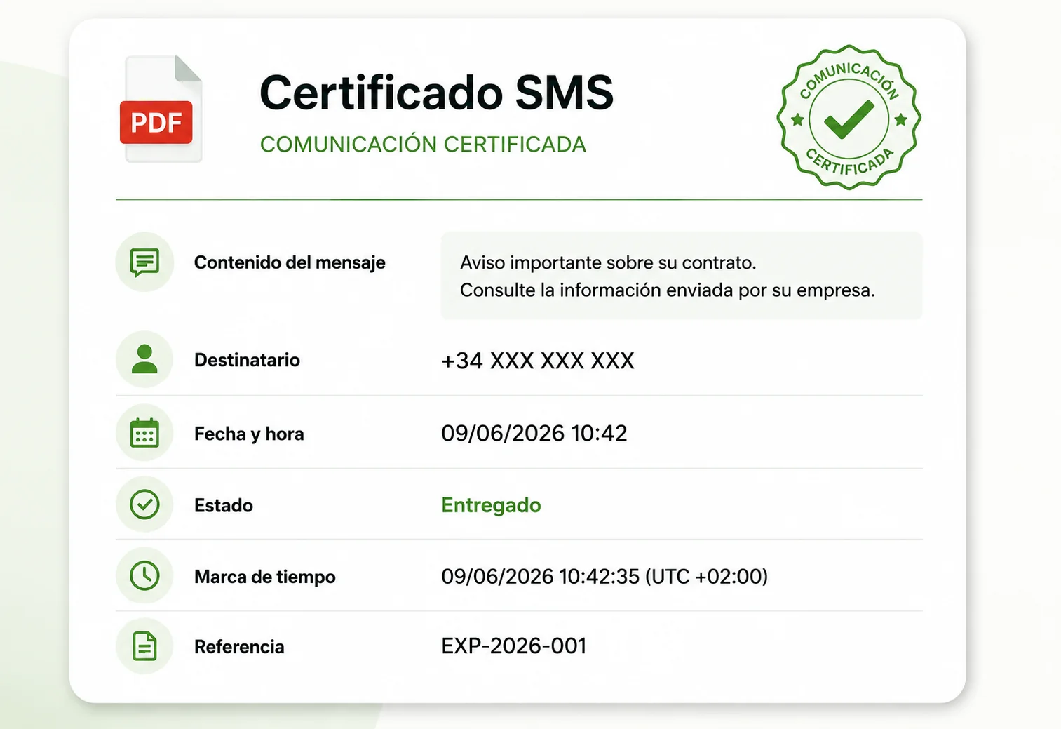 Documento de evidencia asociado a una notificación por SMS certificado