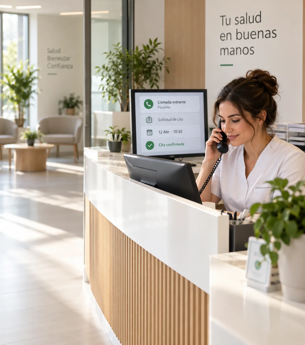 Recepción de clínica con profesional atendiendo y apoyo de una recepcionista IA para organizar citas