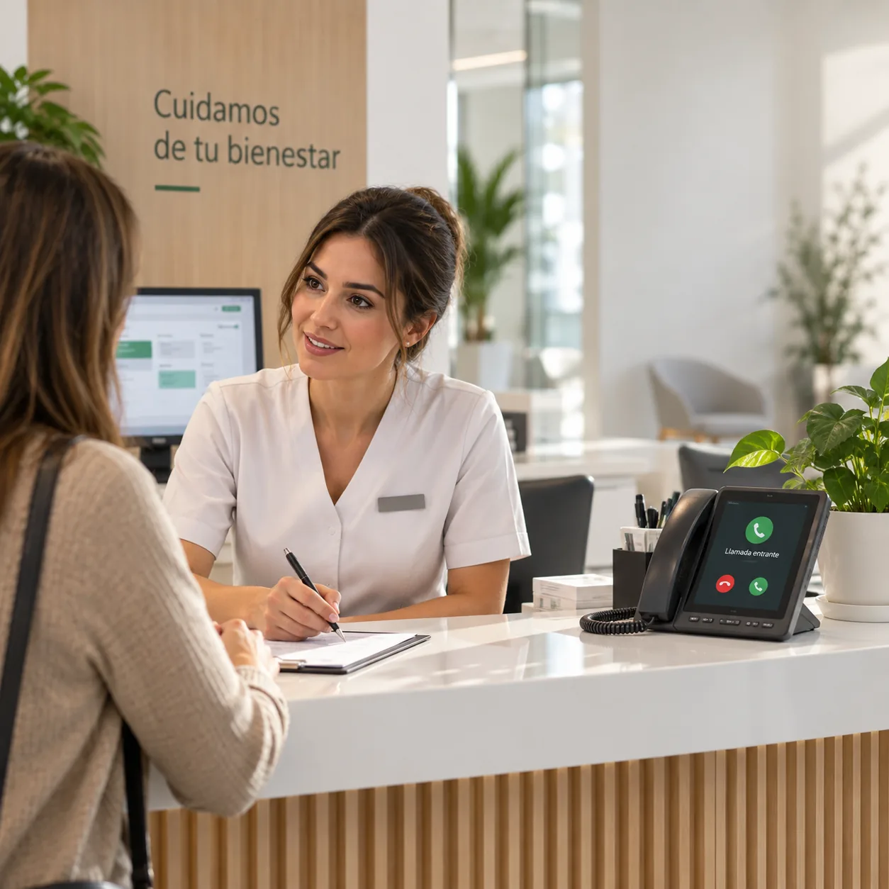 Profesional de una clínica atendiendo a una persona mientras recibe una llamada administrativa pendiente