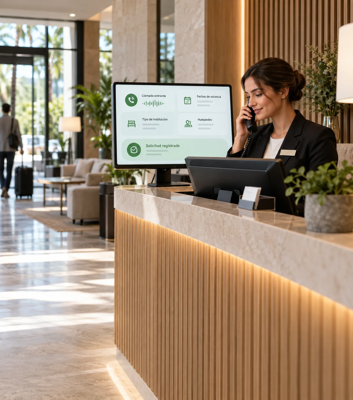 Recepción de hotel con apoyo de atención telefónica inteligente para gestionar reservas y consultas