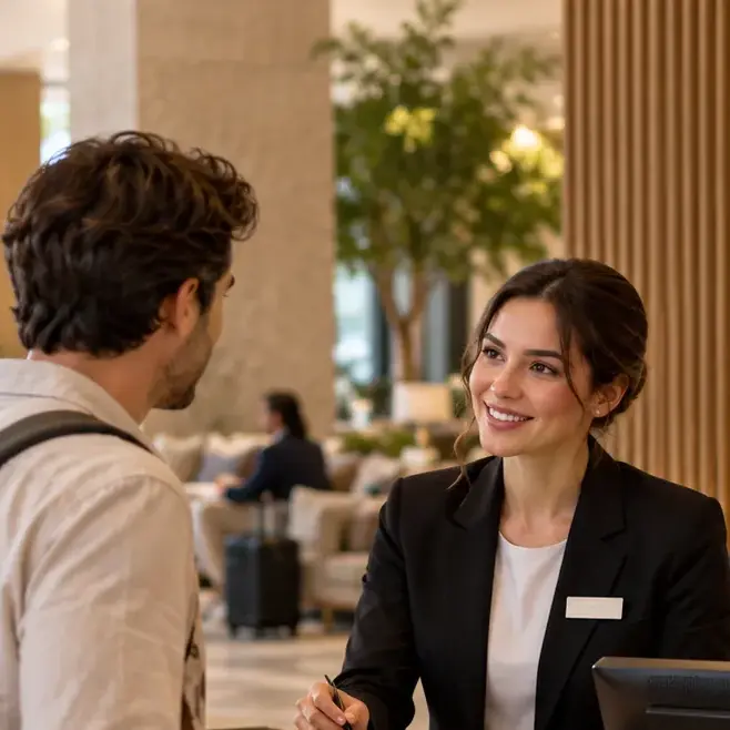 Recepcionista atendiendo a un huésped durante el check-in mientras queda una llamada pendiente
