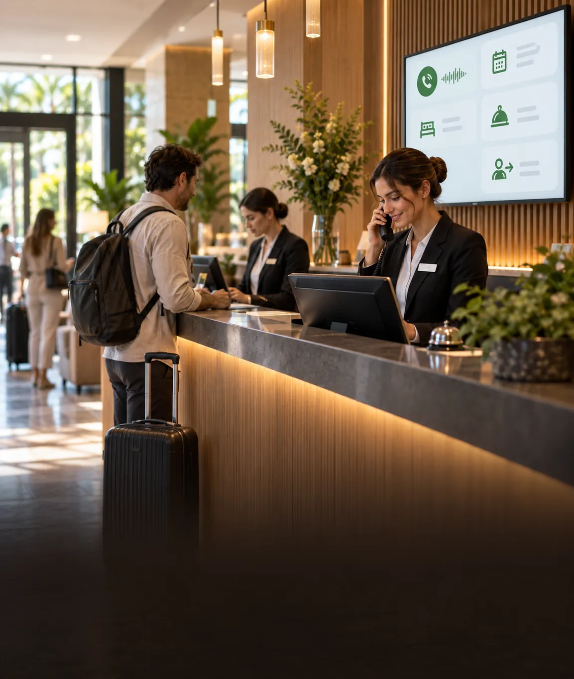 Recepción de hotel durante una jornada de alta actividad con apoyo de atención telefónica inteligente