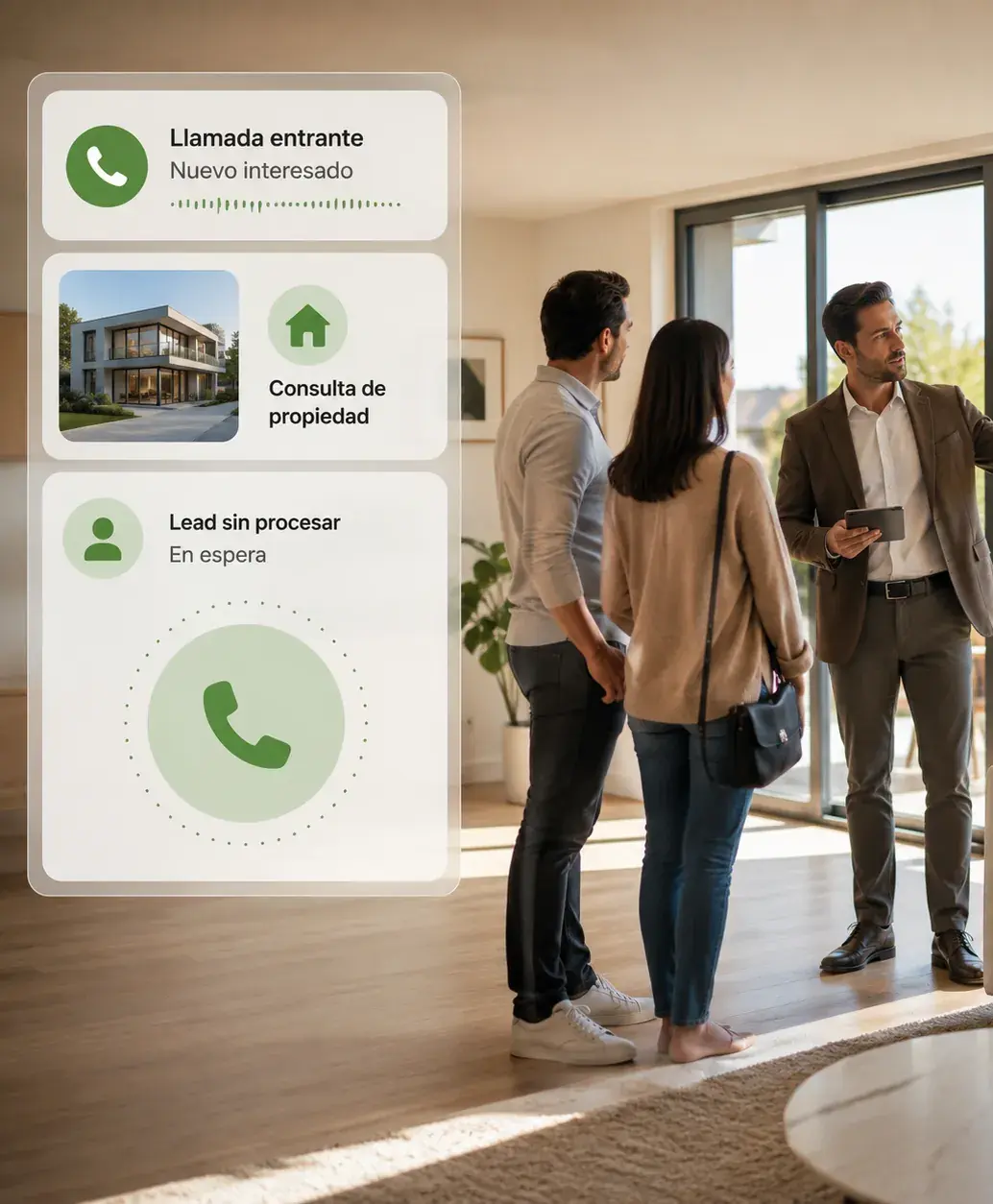 Agente inmobiliario ocupado durante una visita mientras recibe una llamada