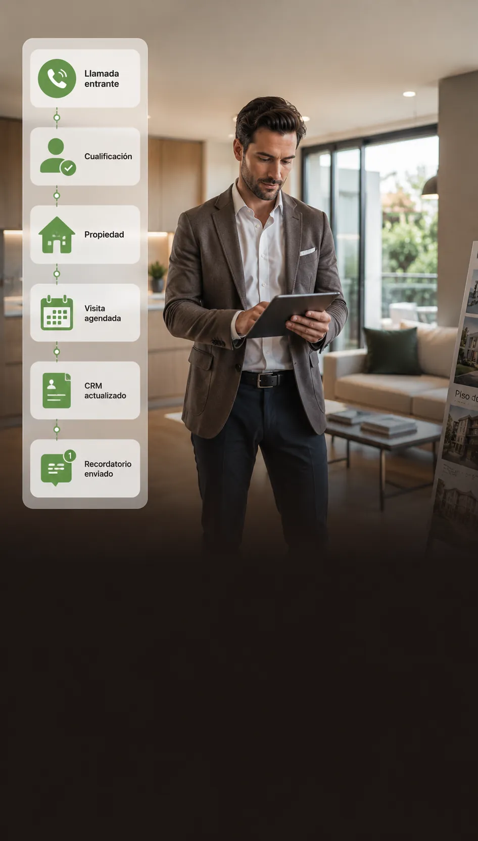 Profesional inmobiliaria durante una visita apoyada por una recepcionista IA