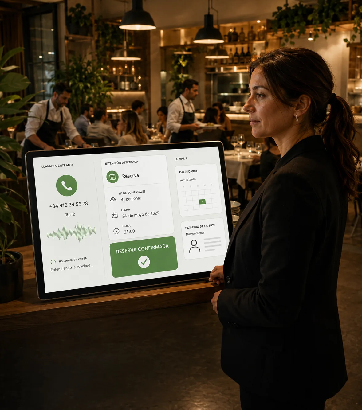 Equipo de restaurante atendiendo la sala mientras una recepcionista IA gestiona llamadas